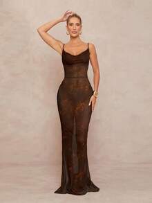 Lumalex 经典豹纹印花低胸细肩带透视紧身美人鱼连衣裙，大腿高开衩，系带 - 棕色 - 查看 4