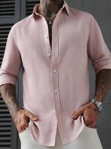 Manfinity Homme Men's Casual Formal Linen Long Sleeve Shirt Men Linen Shirt Men Summer Shirt Men Fashion Shirt Men Dress Shirt Pink Linen Shirt,Fall - Pink - View 5
