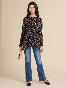 SHEIN LUNE Women's Floral Allover Print Round Neck Long Sleeve Casual T-Shirt Going Out Tops Women Spring Clothes - Black - View 5