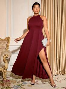 Cravure 性感露背高开叉长裙，黑色无袖挂脖修身晚礼服，夏季新款欧美时尚露背无袖开叉下摆酒会礼服 - 酒紅色 - 查看 5