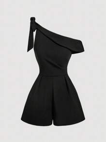 SHEIN MOD 优雅不对称领口蝴蝶结装饰黑色连体衣 - 黑色 - 查看 1