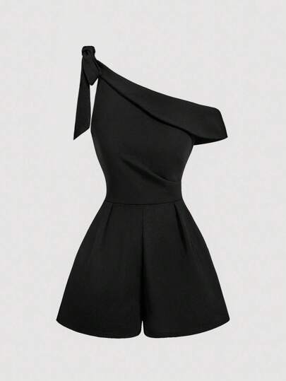 SHEIN MOD 优雅不对称领口蝴蝶结装饰黑色连体衣