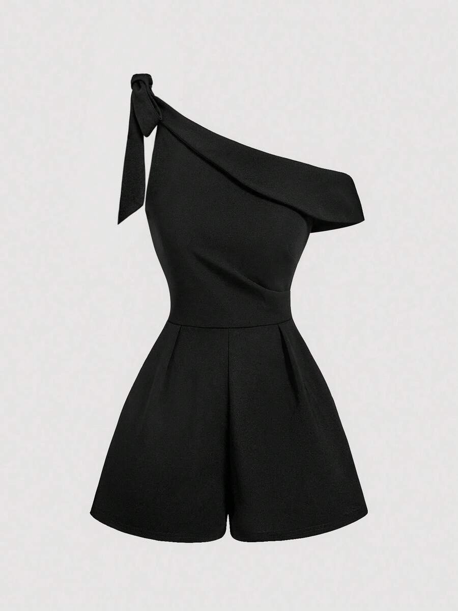 SHEIN MOD 优雅不对称领口蝴蝶结装饰黑色连体衣 - 黑色 - 查看 1