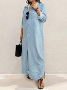 Linhara Váy sơ mi dài phong cách ngày lễ cỡ lớn cho nữ, áo sơ mi dài tay, khối màu & sọc, nút đơn - Màu xanh nhạt - Xem 4