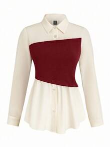 Rometta Conjunto casual de 2 piezas de talla grande para mujer con blusa de manga larga de color contrastante y pantalón de pierna ancha - Burdeos - Ver 4