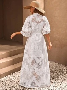 EURMUSE 白色蕾丝长裙，高领泡泡袖 - 饰有精致的透明花卉蕾丝、腰部系带和褶边袖口细节，正面采用纽扣设计，呈现优雅而女性化的外观，非常适合婚礼、花园派对或浪漫的夏季服装 - 白色 - 查看 2