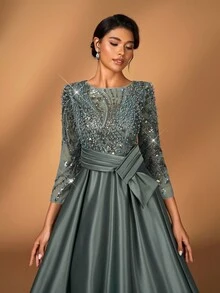 Serin Elegante y lujoso vestido de manga larga transparente con bordado de encaje floral, perlas y lazo con diamantes, con vuelo. Adecuado para boda, fiesta, vacaciones, baile de graduación, vestido de noche para novia, madre de la novia