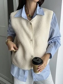 Livesso 女士休闲百搭蓬松背心，秋季外套背心女式大衣 - 杏色 - 查看 5