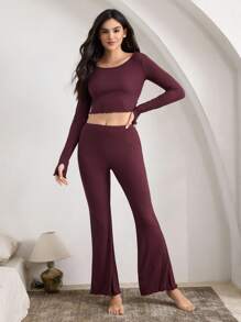 Ocili Leisure Women Ribbed Crew Neck Long Sleeve Ruffled Top & Flared Pants Casual Suit Set Outfit, Fall Clothes - Redwood - View 6