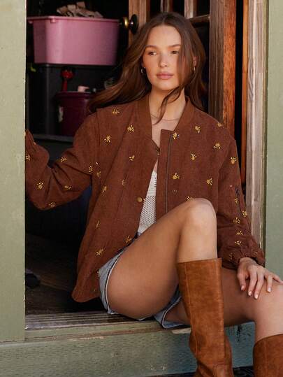 WESTFADE 花卉刺绣灯芯绒宽松飞行员夹克，适合女士秋季乡村音乐会