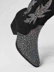 ROMWE Fairycore 2025 Fashion Black Suede Rhinestone Pointed Toe Side Zipper Chunky Heel Mid-Calf Boots, Riding Boots, - Black - View 3