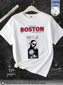 Tseoso Oversized Casual Minimalist Vintage Black & White Rose Graphic Round Neck Short Sleeve T-Shirt For Women, Suitable For Summer, Y2K, Vintage, Streetwear, Hip-Hop, Graphic Tees, Outings, Going Out, Back To School, Parties, Graduation