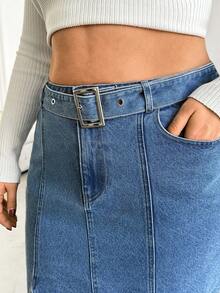 RueChic PLUS HIGH WAIST BELTED SLIT DENIM SKIRT - Light Wash - View 7