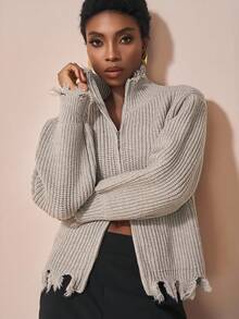 Zivah 秋冬新款时尚女宽松针织开衫外套韩版做旧超大毛衣外套 - 灰色 - 查看 2