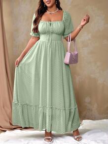 Flirla 加大码甜美浪漫粉色方领蝴蝶结荷叶边下摆长裙复活节装 - 薄荷綠 - 查看 3