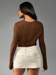 MISSGUIDED Elegante top corto con scollo a cappuccio in maglia metallica, maniche lunghe, scollo a V profondo, adatto per feste, uscite serali, vacanze e uso casual in inverno e autunno - Castano - Visualizzare 2