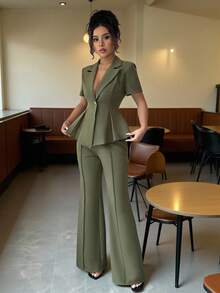 Elenzga Elleniz 短袖西装正式套装，优雅浪漫的女士定制商务套装 - 綠色 - 查看 1