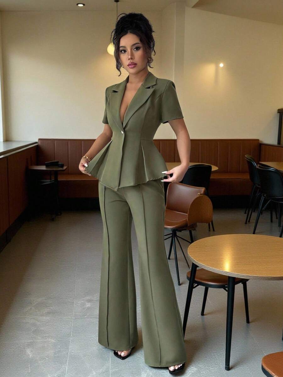 Elenzga Elleniz 短袖西装正式套装，优雅浪漫的女士定制商务套装 - 綠色 - 查看 1
