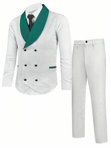 Manfinity Bizformal 男士双扣拼色长袖西装外套和口袋西装裤套装 - 白色 - 查看 3