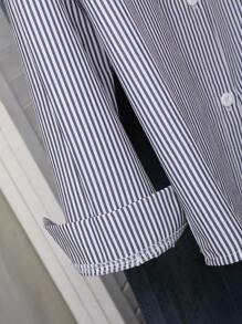 1pc Girls' Turndown Collar Long Sleeve Button-Up Striped Shirt With Embroidered Front Graphic, Casual Blouse For Autumn Fall Winter