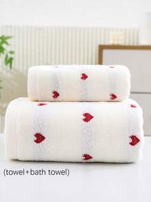 SHEIN 2件套（毛巾+浴巾）加厚毛巾套装，提花心形设计，速干，柔软吸水，适用于洗脸/沐浴，浴室，健身房等SPA，游泳居家浴室装饰夏季返校 - 白色 - 查看 5