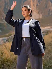 SHEIN VCAY 大码女式休闲户外露营夹克，带口袋和兜帽，运动装 - 黑色 - 查看 7