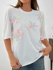 EURMUSE 花卉贴花短袖 T 恤 夏季季节性图案 T 恤 女式上衣