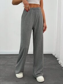 EURMUSE Casual Style, Shinny Rib Elasticated Belt Pant - Grey - View 3