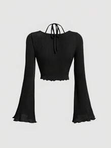 SHEIN MOD Áo thun crop top tay lửng màu đen cho đêm hẹn hò câu lạc bộ dành cho nữ, buộc lưng, viền rau diếp, nhún bèo phía trước - màu đen - Xem 2