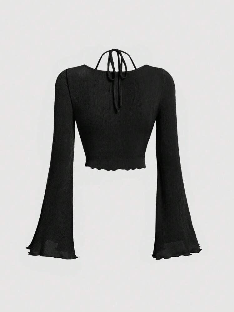 SHEIN MOD Áo thun crop top tay lửng màu đen cho đêm hẹn hò câu lạc bộ dành cho nữ, buộc lưng, viền rau diếp, nhún bèo phía trước - màu đen - Xem 2