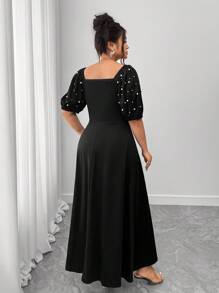 Elenzga Plus Size Beaded Puff Sleeve Off Shoulder A-Line Waist Solid Color Elegant Slim Midi Dress