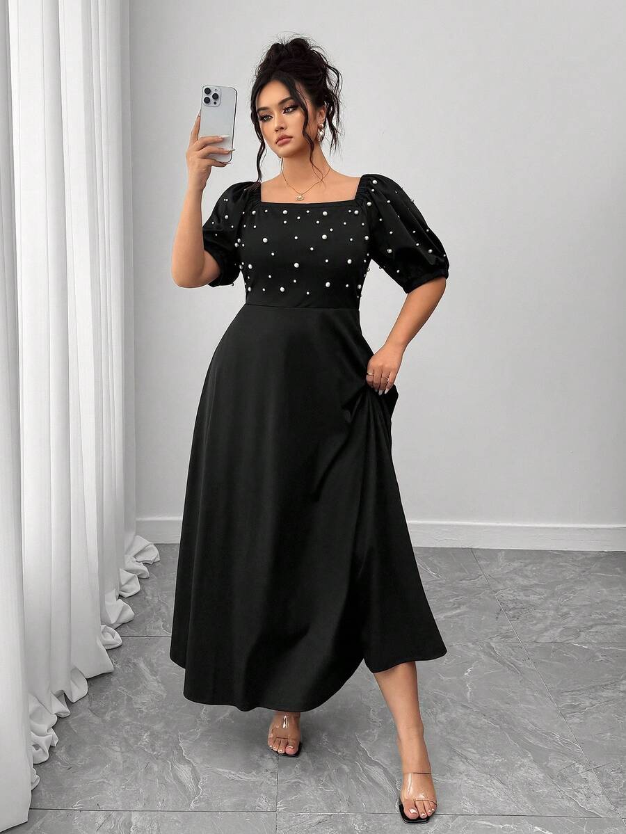 Elenzga Plus Size Beaded Puff Sleeve Off Shoulder A-Line Waist Solid Color Elegant Slim Midi Dress