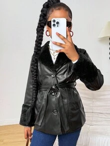 SHEIN Tween Girl Solid Color Long Sleeve Casual Oversized Collar PU Patchwork Fleece Drawstring Waist Jacket Coat (2 Piece Set Sold Separately), Autumn/Winter Outerwear, PU Jacket Coat Mommy And Me Matching Outfits - Black - View 4