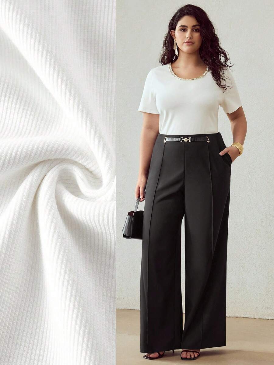 MOTF PREMIUM PLUS SIZE CONTRAST BEADED TRIM SHORT SLEEVE TEE - White - View 1