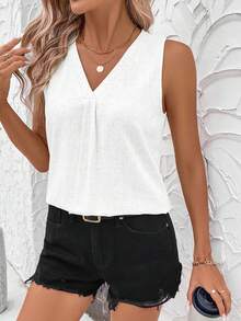 SHEIN Clasi 夏季优雅女士纯色无袖 V 领亚麻面料褶皱衬衫，适合各种场合穿着 - 白色 - 查看 7