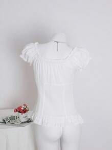 Sweetra 女士夏季纯色腰部收褶饰袖口系带短袖衬衫