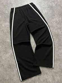 SHEIN Bolty 男童休闲日常百搭舒适撞色罗纹腰带阔腿针织运动裤，适合儿童服装、返校季男童套装、生日派对、晚宴、演出、婚礼、洗礼、开幕式、日常穿着、上学、旅行、运动，加厚保暖内衬，适合秋冬季穿着，喇叭裤型，黑色运动裤，Y2K风格，秋季必备 - 黑色 - 查看 2