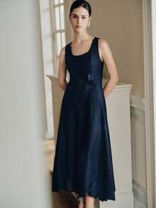 Anewsta 女士优雅玫瑰刺绣镂空无袖连衣裙，现代别致，秋季