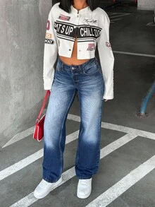 女式高腰口袋直筒宽松休闲百搭牛仔裤 - 中等水洗藍 - 查看 5