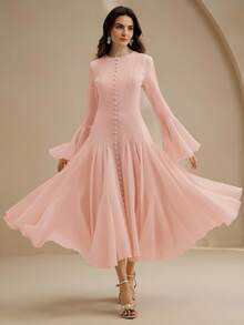 Anewsta 优雅的乳白色长袖喇叭连衣裙，纽扣喇叭袖 - 粉色 - 查看 4