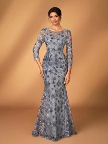 Serin 优雅奢华灰色亮片刺绣亮片串珠圆领褶饰裹身中长连衣裙，适合晚会、约会、音乐节、舞会、婚礼、新娘母亲礼服 - 灰色 - 查看 7