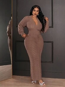 Slaydiva Nuevo vestido de punto maxi elegante de manga larga con cuello en V profundo, cinturón y ajuste ceñido en color marrón sólido para uso en ocasiones formales, fiestas nocturnas y uso casual, tallas grandes, vestido marrón para mujer, vestidos de mujer de otoño e invierno, vestido maxi ajustado de manga larga elegante, vestido maxi de malla elegante, conjunto elegante de 2 piezas, vestido Slay Diva - Marrón - Ver 5
