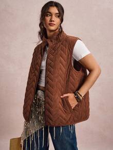 Freevana Plus Size Solid Color Front Zip Sleeveless Pocket Casual Padded Zip Up Coat, Daily Wear Halloween Pumpkin Color Christmas Winter  New Year  Thanksgiving Brown - Brown - View 6