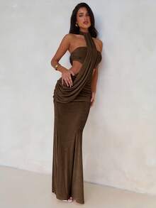 Aloruh Váy ôm body đuôi cá dài bất đối xứng thời trang xuân/hè cho nữ - Cà phê - Xem 4