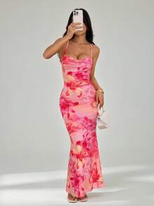 SHEIN PETITE Women's Plunging Neckline Backless Vacation Floral Print Dress Bodycon Maxi Dress Floral Maxi Dress Pink Maxi Dress Tight Maxi Dress Rose Print Maxi Dress,Party Dress