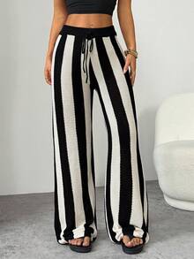 SHEIN PETITE Wool Knitted Black And White Striped Casual Home Ladies Wide-Leg Trousers Comfortable And Versatile In Fall/Winter - Black and White - View 4