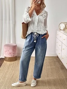 EMERY ROSE Mature Denim 女式休闲水洗抽绳腰牛仔裤 - 藍色 - 查看 7