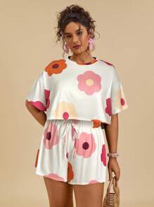 SHEIN VCAY Bộ đồ bơi 2 món cổ tròn rộng rãi họa tiết hoa nhiệt đới nhiều màu sắc dành cho nữ đi biển cỡ lớn - Màu be - Xem 4