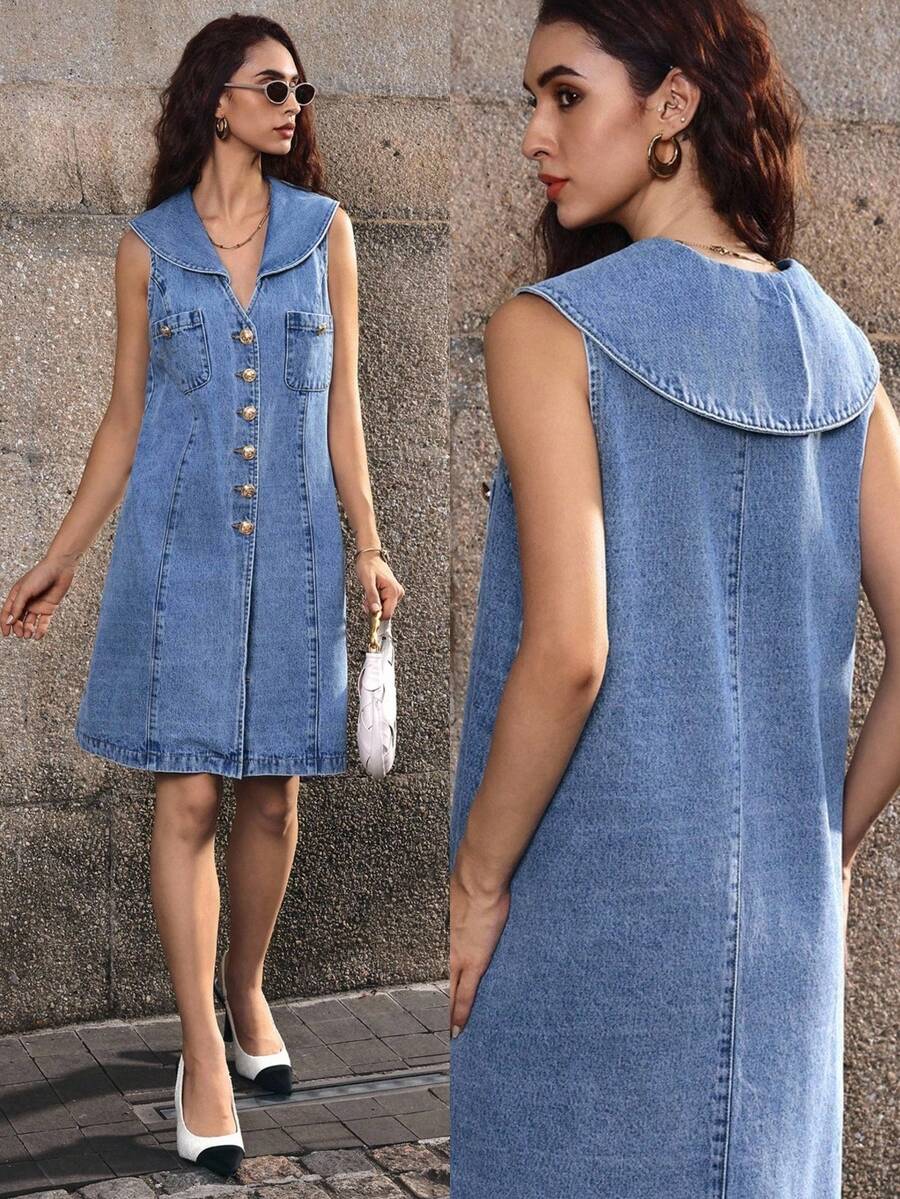 SHEIN Unity فستان جينز كاجوال بتصميم جيب بدون أكمام أحادي الصدر للنساء - الأزرق - مشاهدة 1