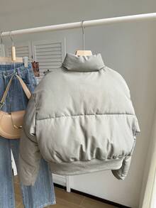 Teen Girls' Short Zip-Up High Collar Padded Coat, Casual Commuter Wear, Autumn/Winter Fall - Grey - View 2